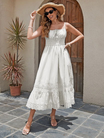 Cotton Maxi Dress-Summer Dress With Embroidered Hem, Elastic Waist