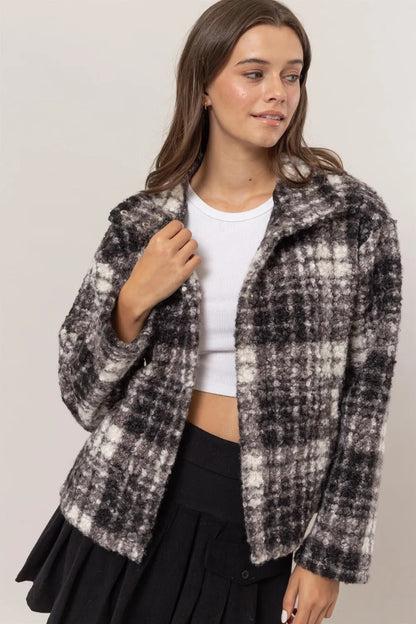 HYFVE Plaid Collared Neck Boucle Jacket With Pockets