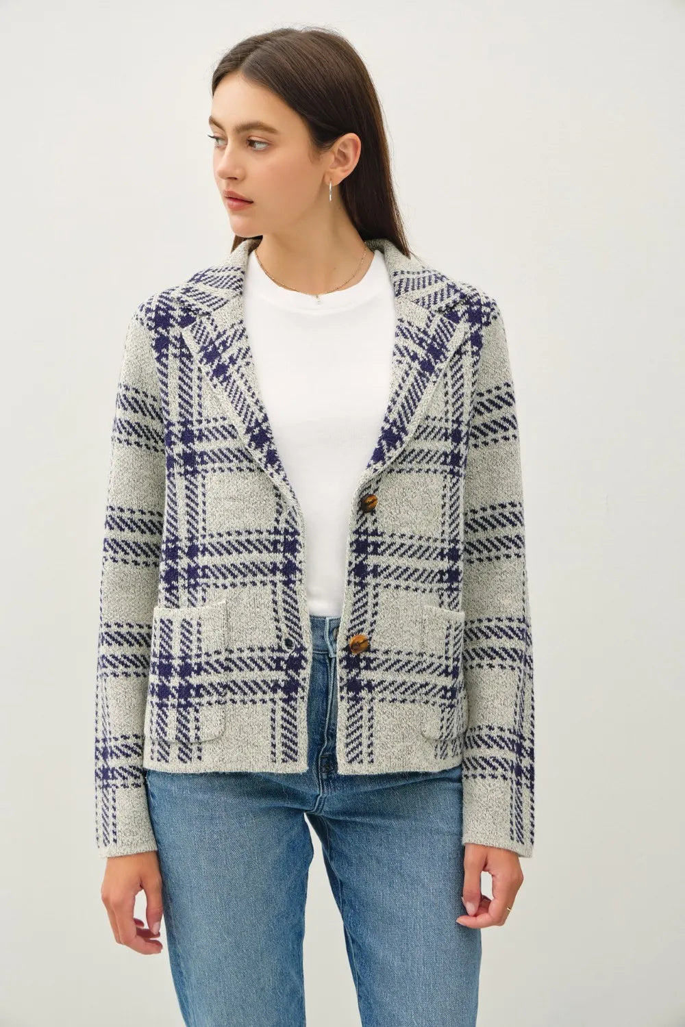 Plaid Long Sleeve Sweater Jacket With Front Patch Pockets