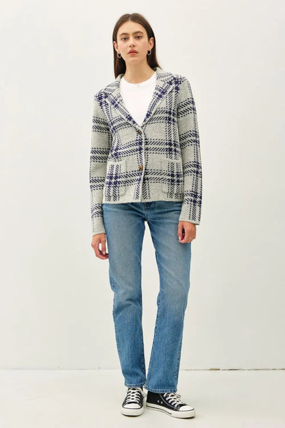 Plaid Long Sleeve Sweater Jacket With Front Patch Pockets