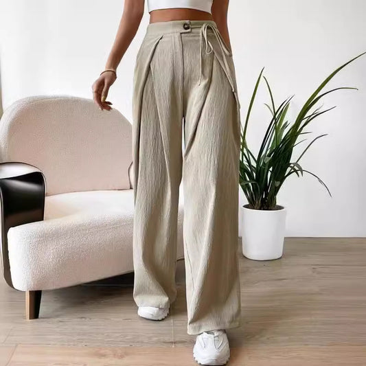 Women's High Waist Drawstring Patchwork Wide-leg Pants