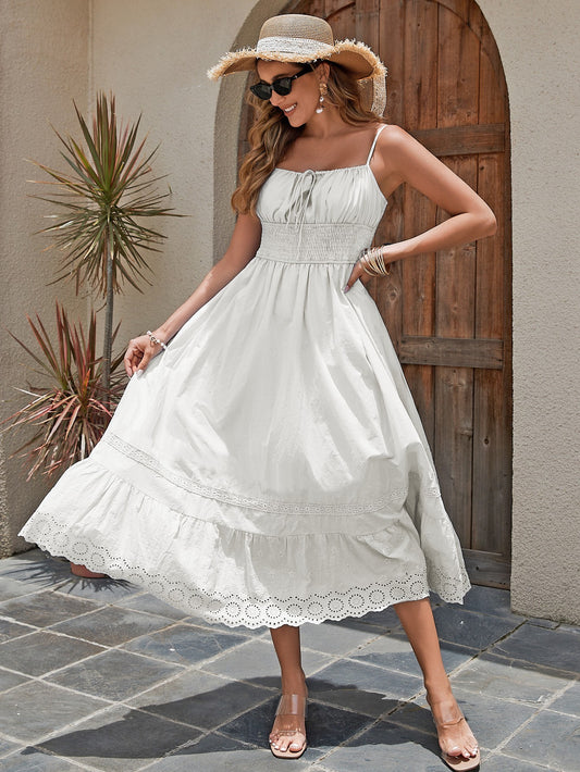 Cotton Maxi Dress-Summer Dress With Embroidered Hem, Elastic Waist