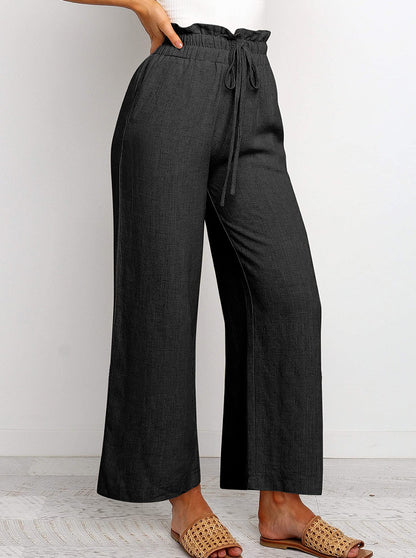 Elastic Waistband Lace-up Wide Leg Pants