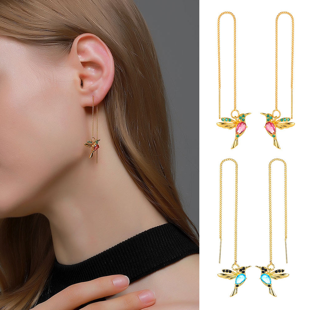 Unique Little Bird Drop Long Hanging Hummingbird Earrings