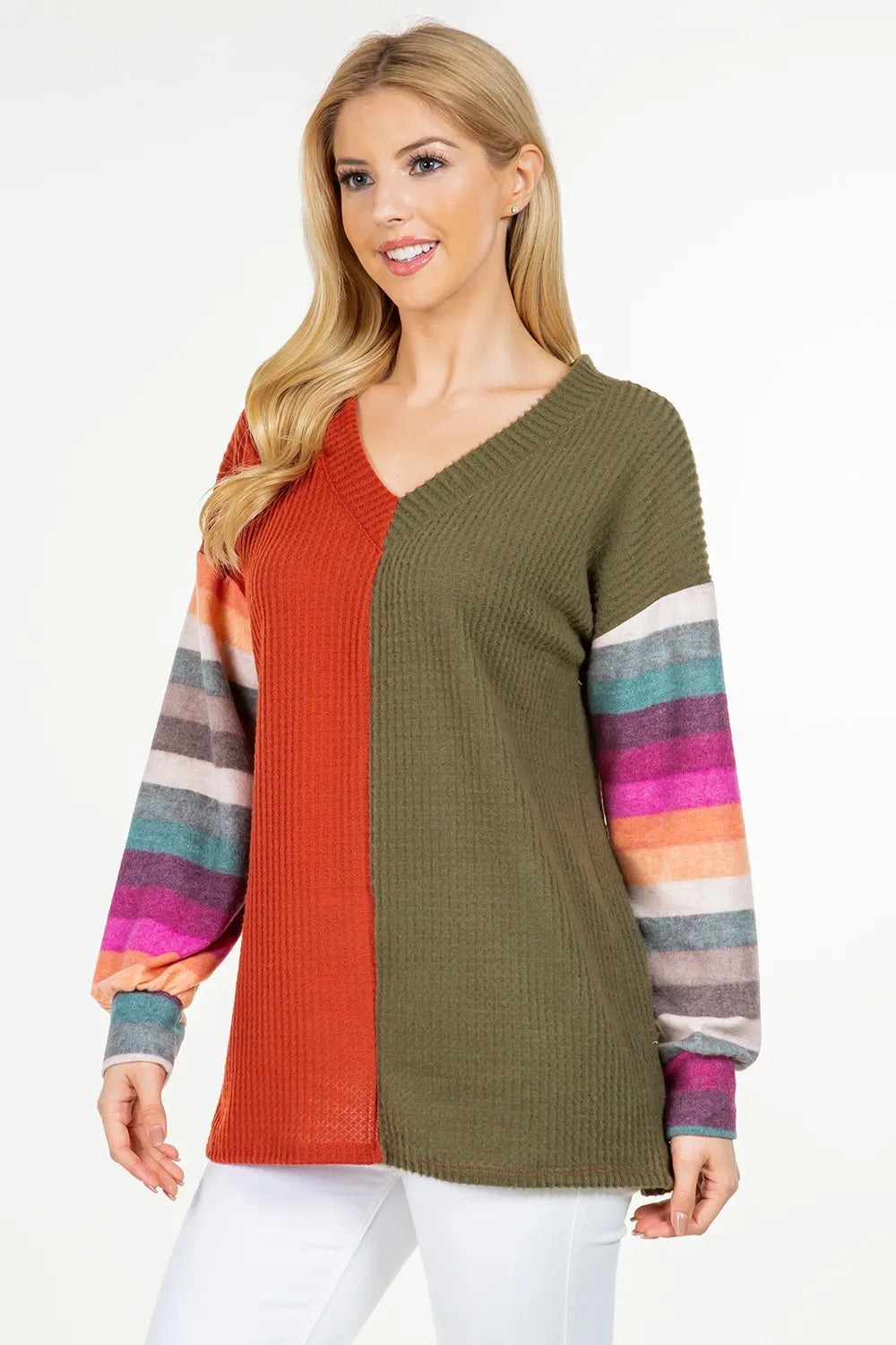 Full Size Contrast Striped V-Neck Long Sleeve Blouse