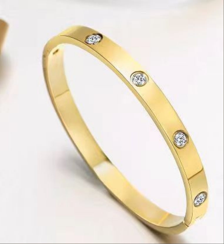 14K Gold Plated Friendship Love Bangle Bracelets Cubic Zirconia Stainless Steel Bracelet