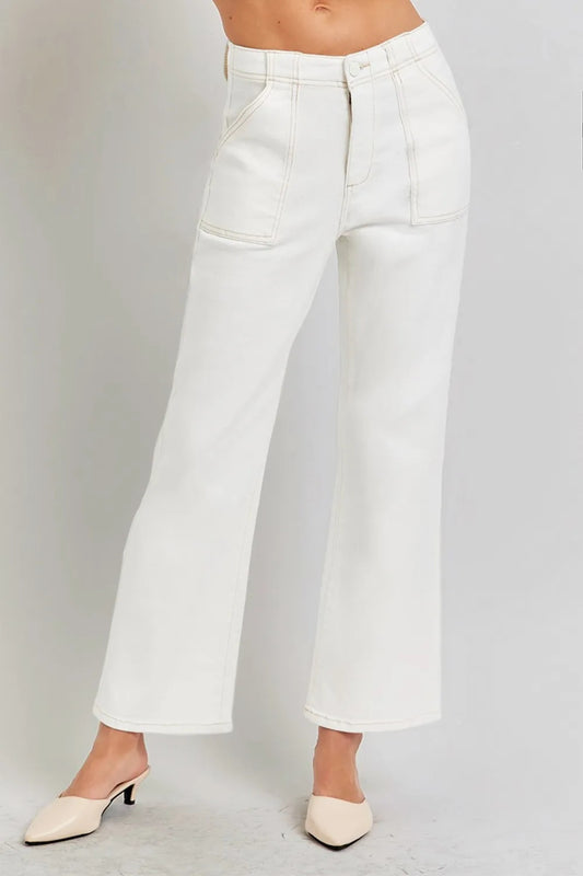 RISEN High Rise Ankle Flare Jeans With Patch Pockets