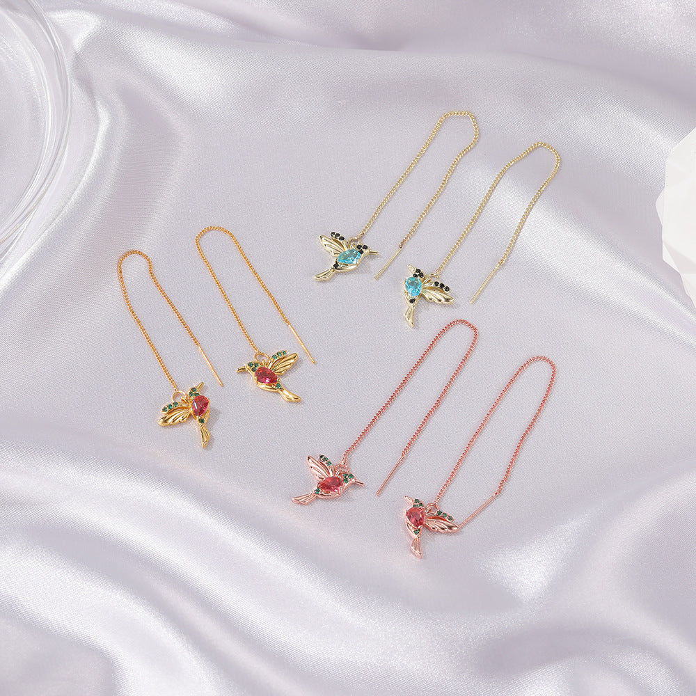 Unique Little Bird Drop Long Hanging Hummingbird Earrings