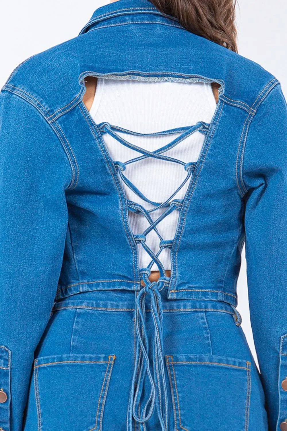 American Bazi Laced Back Cropped Denim Jacket