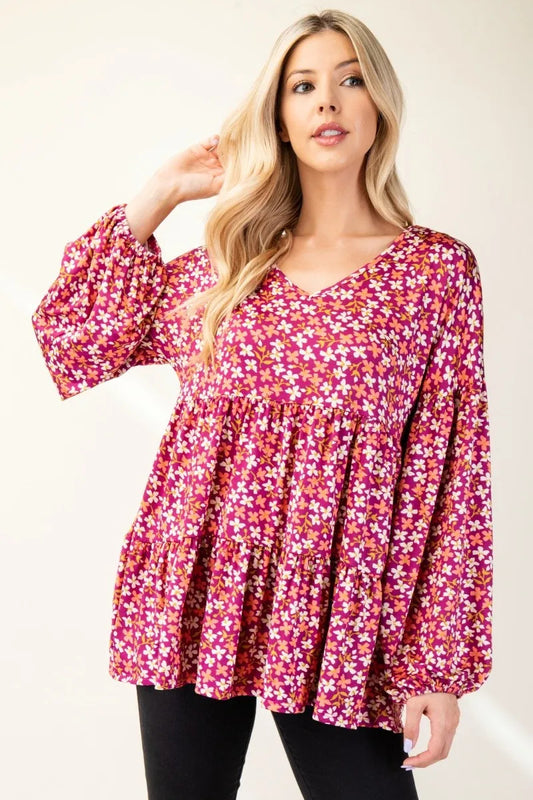 Full Size Floral V-Neck Balloon Sleeve Blouse