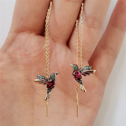 Unique Little Bird Drop Long Hanging Hummingbird Earrings